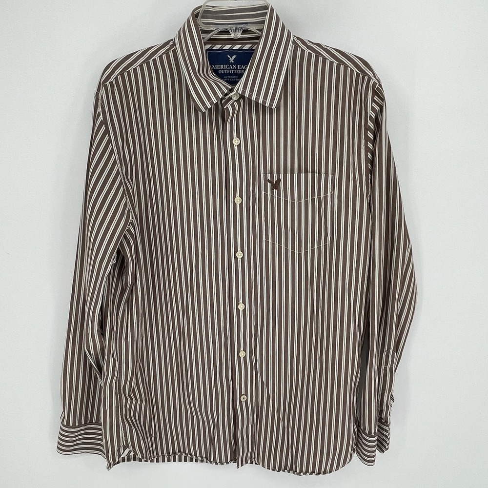 American Eagle Outfitters Men's Brown Striped Button Up Shirt Size L/G
